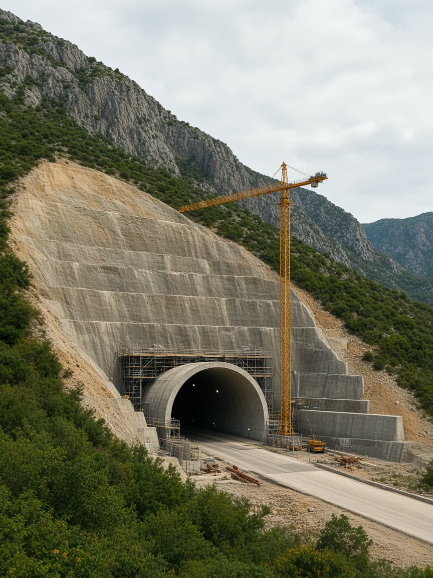 A large, round highway tunnel entrance under construction at the base of a mountain.