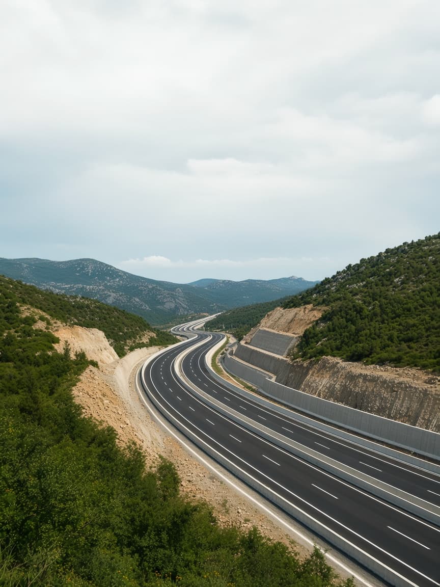 A winding, multi-lane highway cuts through lush green mountains under a cloudy sky.