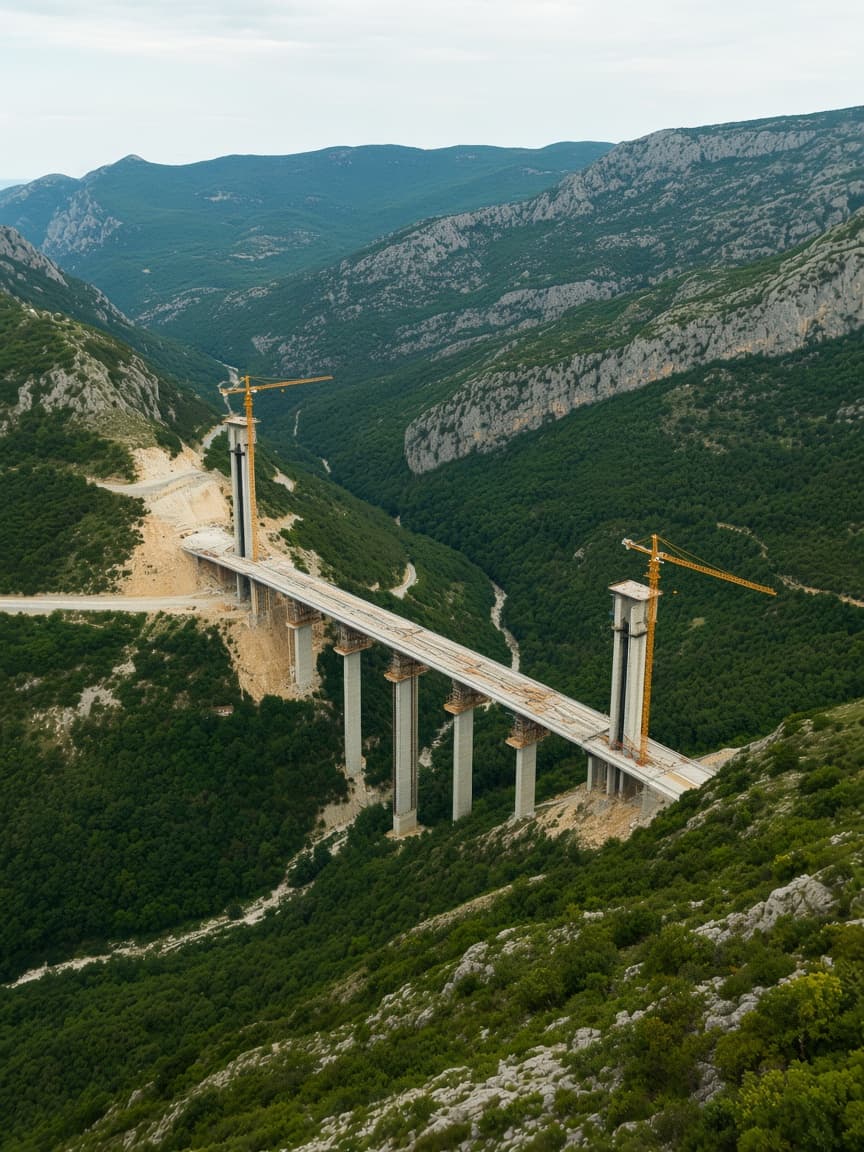 A massive bridge under construction spans a deep, green valley with prominent cranes.