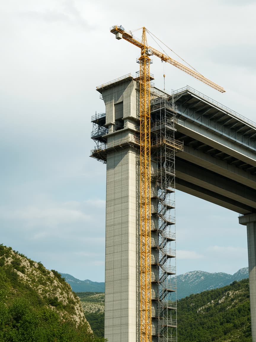 A tall concrete bridge pillar under construction, featuring scaffolding and a yellow crane.