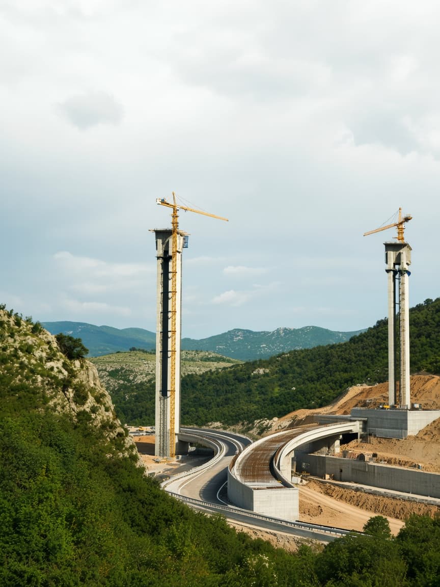 Two tall concrete bridge pillars with cranes frame a curving highway below.