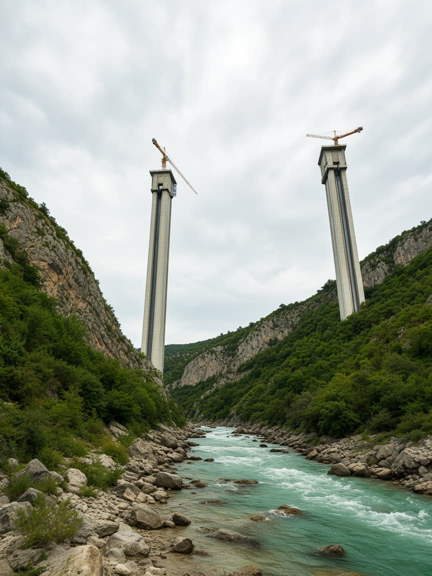 Stubovi vijadukta u izgradnji iznad riječnog kanjona