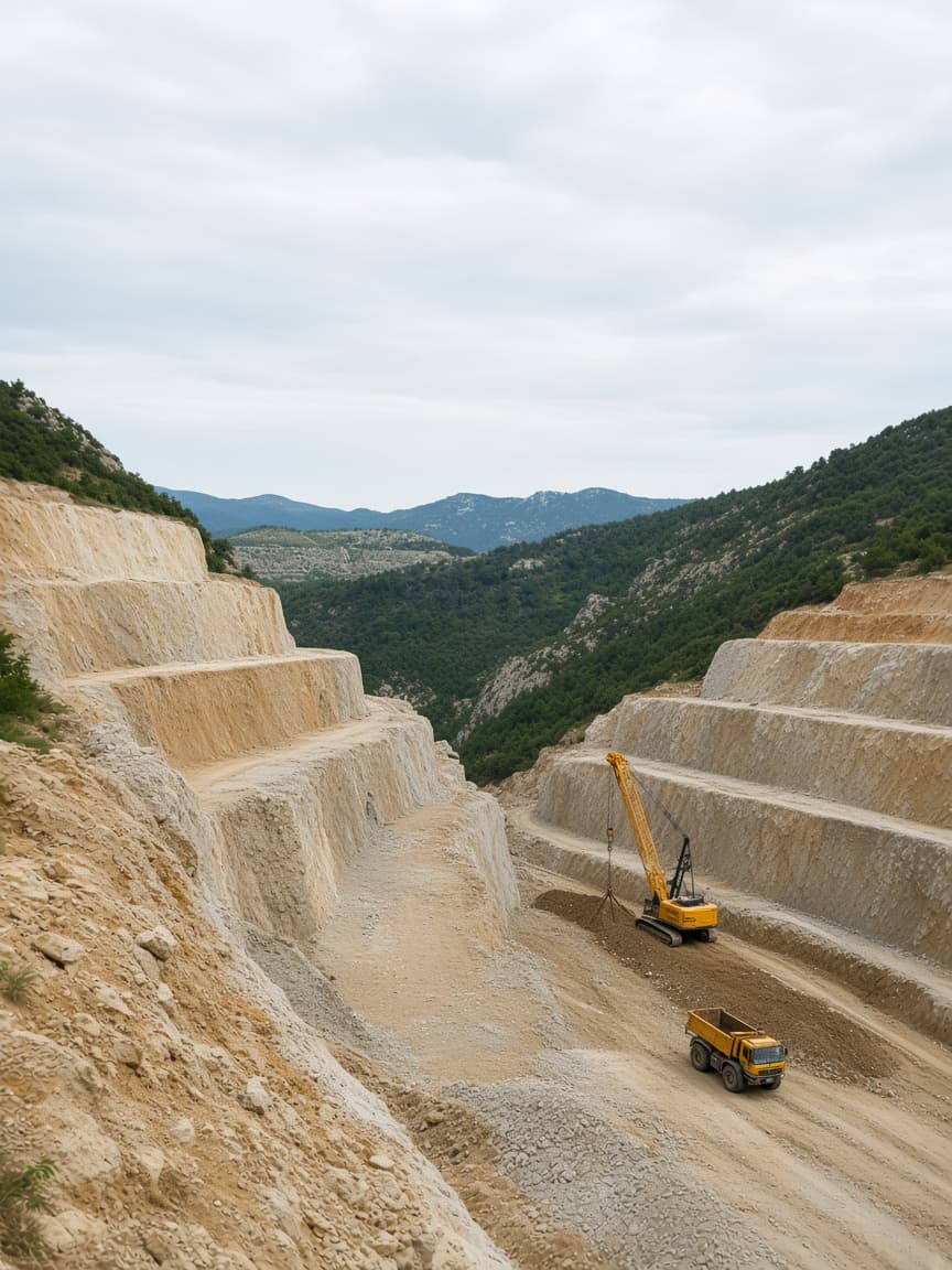 Iskop trase autoputa na padini, sa bagerima i kamionima